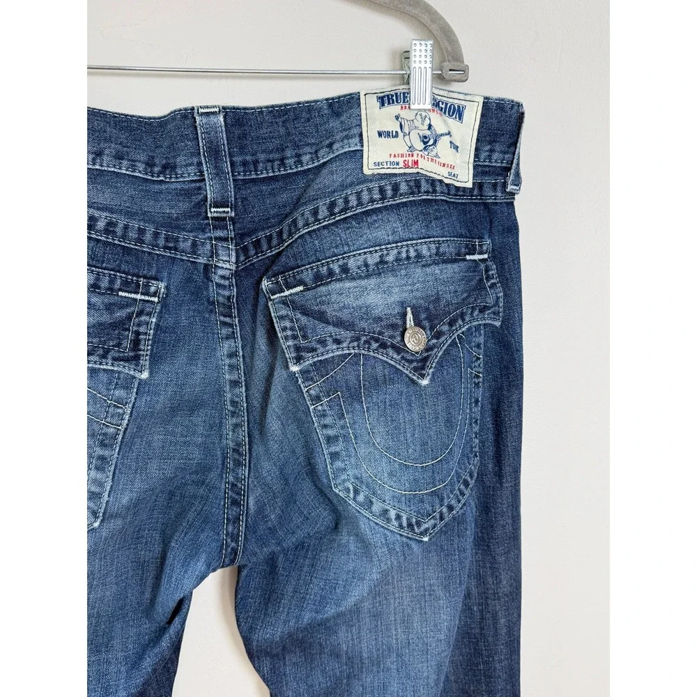 True Religion Slim Fit Jeans Mens 40 Blue‎ Whiskered Flap Pocket Moto Western